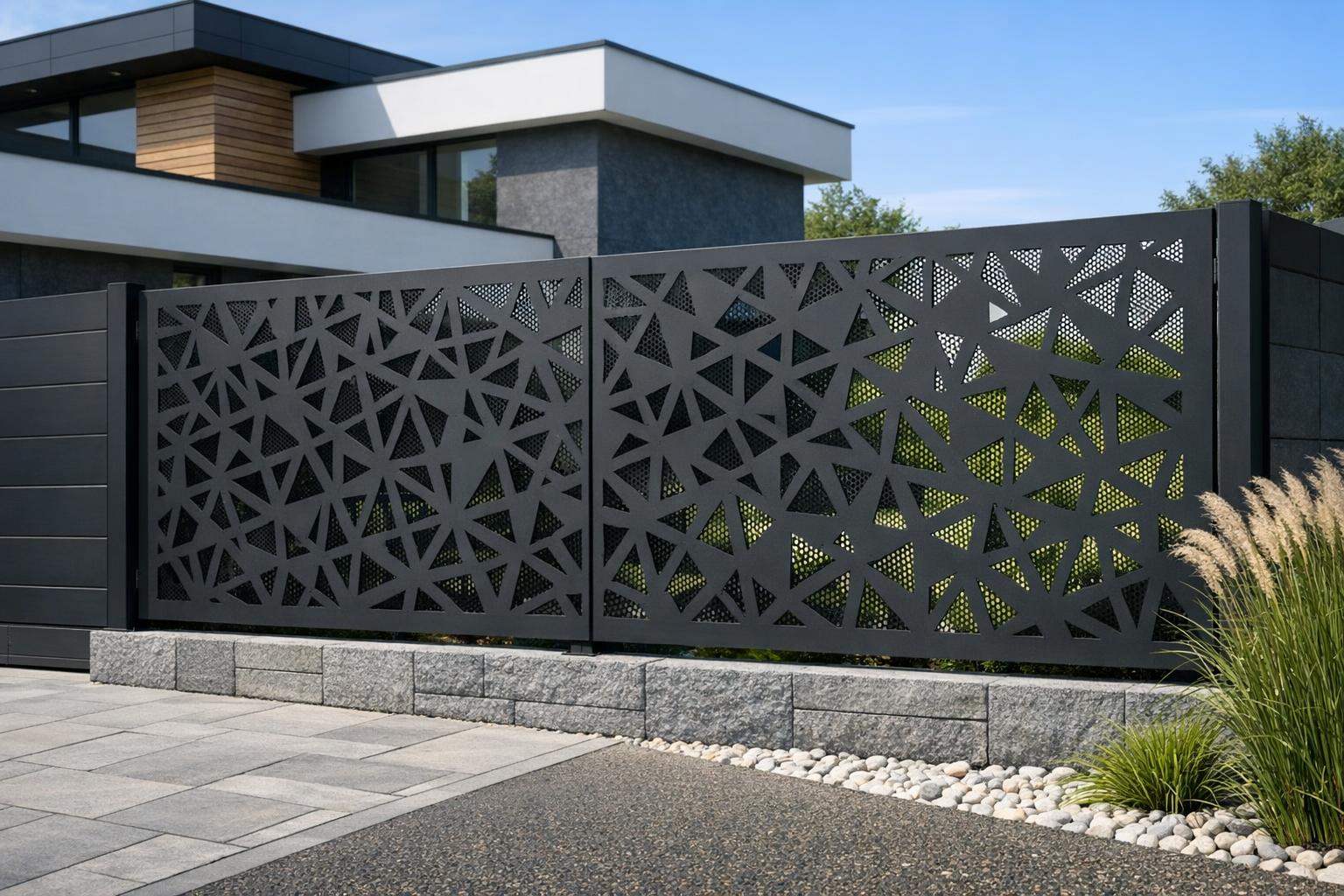 nowoczesne ogrodzenie perforowane przy domu - panel z geometrycznym wzorem