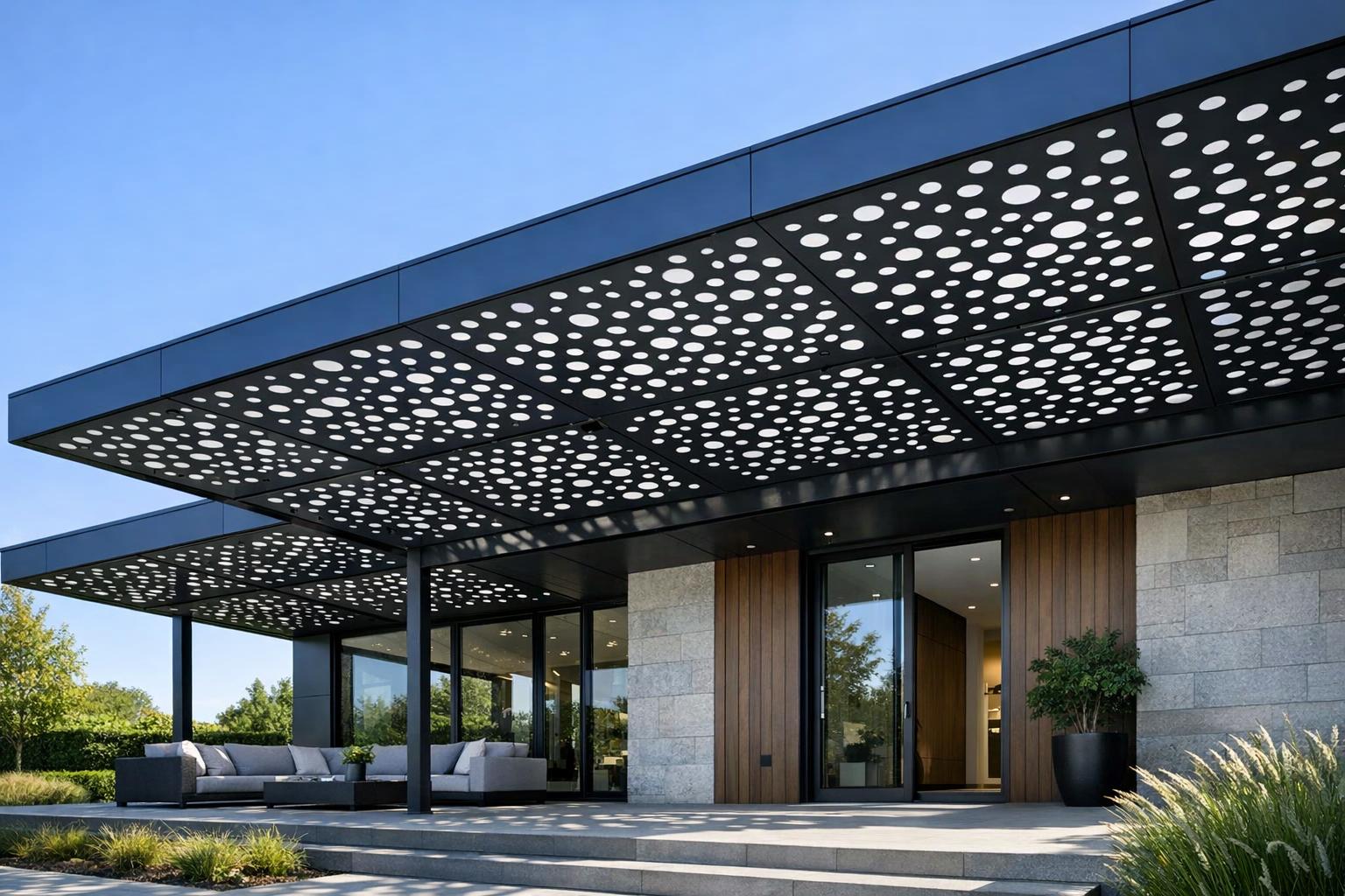 perforowane zadaszenie nad tarasem i wejściem budynku - nowoczesny design